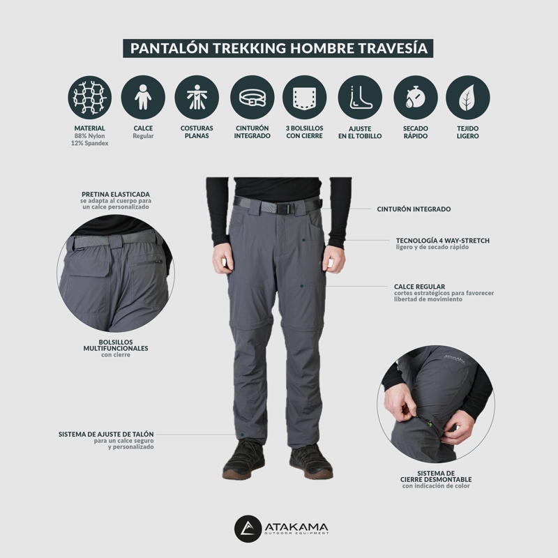 PANTALON DESMONTABLE HOMBRE TRAVESIA GRIS ATAKAMA OUTDOOR - 6