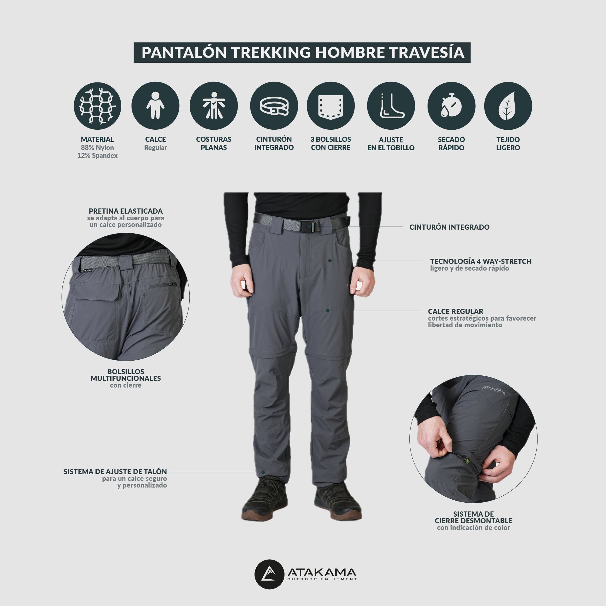 PANTALON DESMONTABLE HOMBRE TRAVESIA GRIS ATAKAMA OUTDOOR - 6