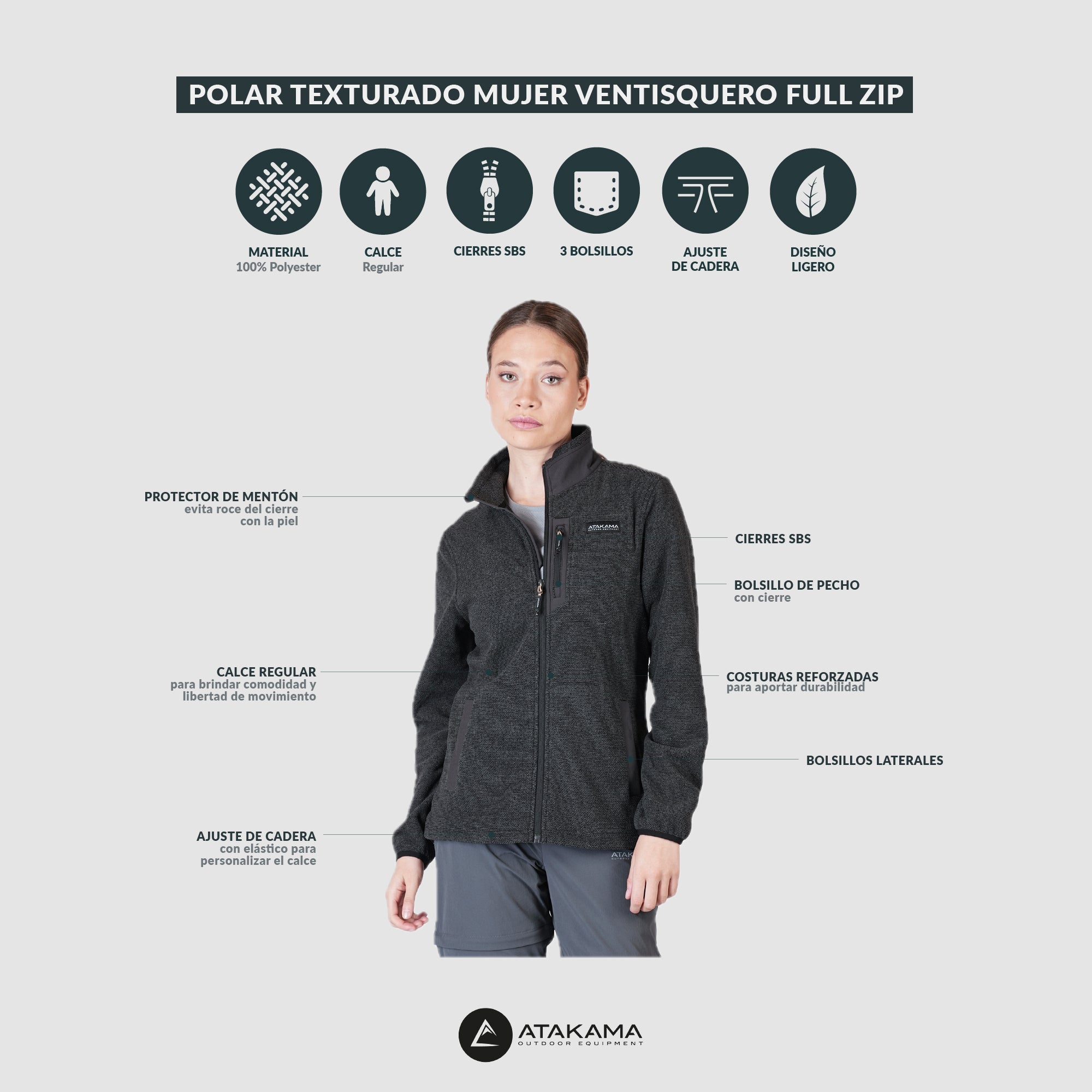 POLAR TEXTURADO FULL ZIP MUJER VENTISQUERO BEIGE ATAKAMA OUTDOOR - 10