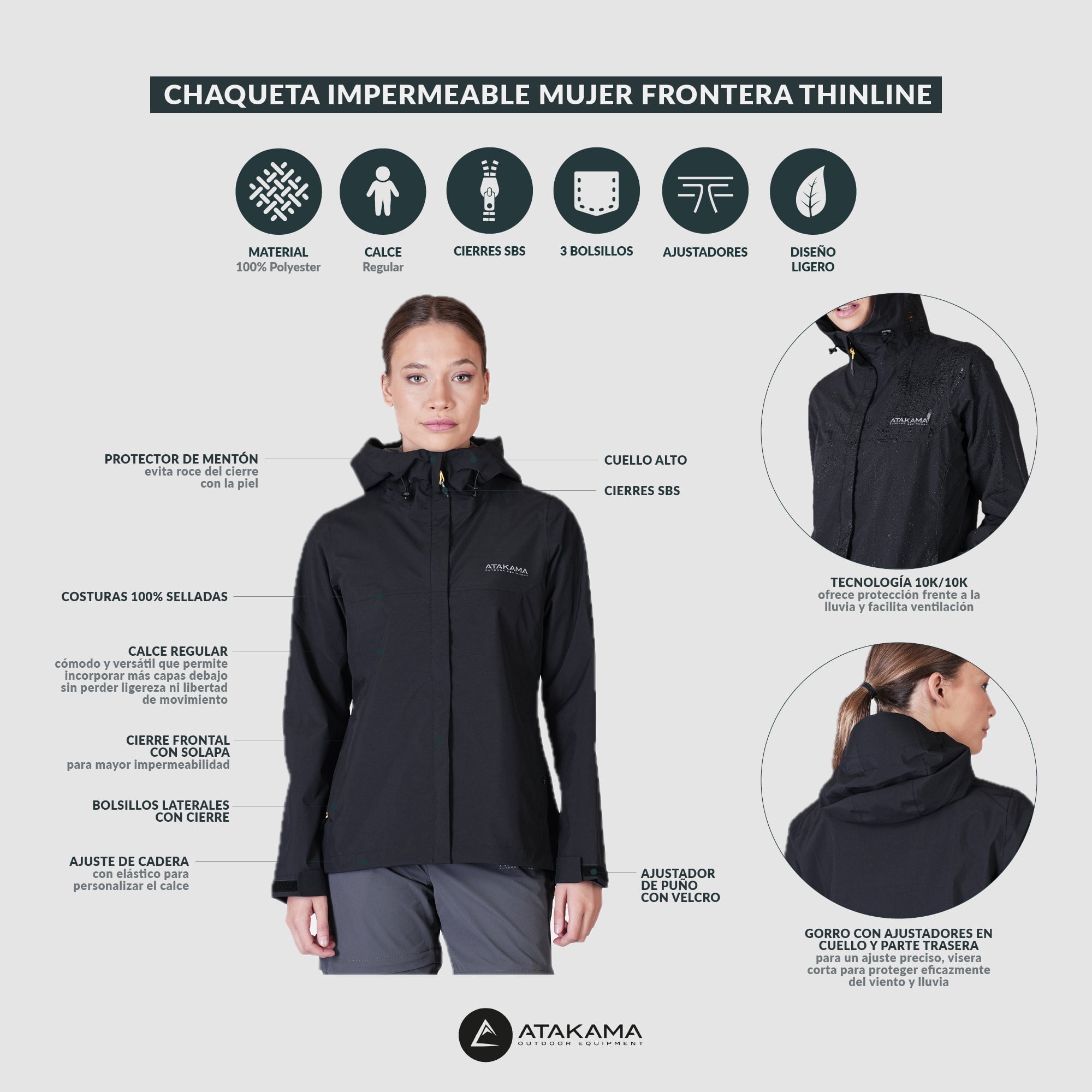 IMPERMEABLE MUJER FRONTERA THINLINE NEGRO ATAKAMA OUTDOOR - 7