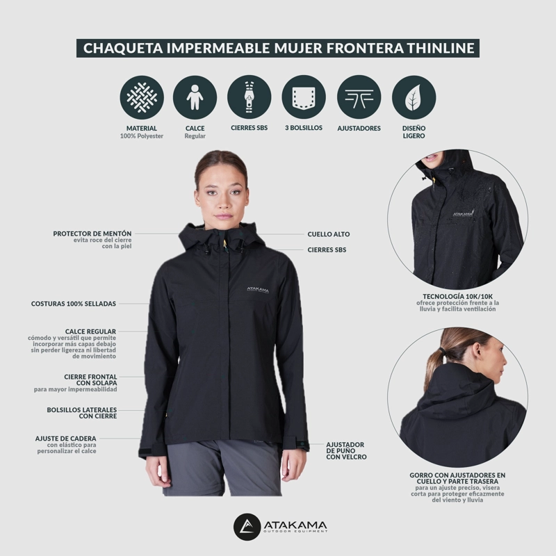 IMPERMEABLE MUJER FRONTERA THINLINE NEGRO ATAKAMA OUTDOOR - 7