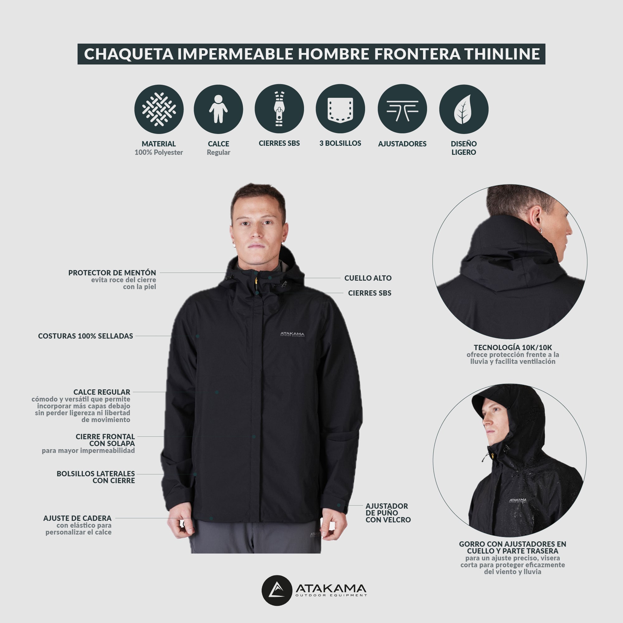 IMPERMEABLE 10K-10K HOMBRE FRONTERA THINLINE NEGRO ATAKAMA OUTDOOR - 8