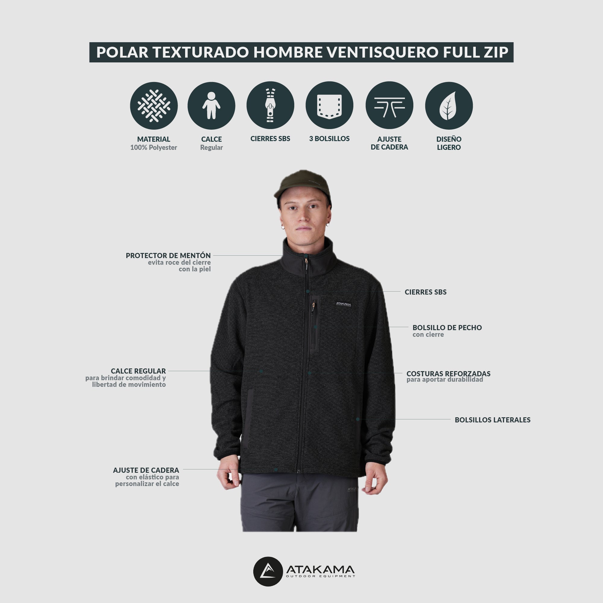 POLAR TEXTURADO FULL ZIP HOMBRE VENTISQUERO CAFE  ATAKAMA OUTDOOR - 5