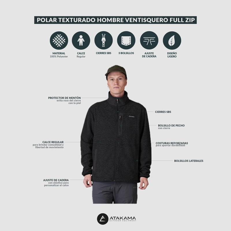 POLAR TEXTURADO FULL ZIP HOMBRE VENTISQUERO CAFE  ATAKAMA OUTDOOR - 5