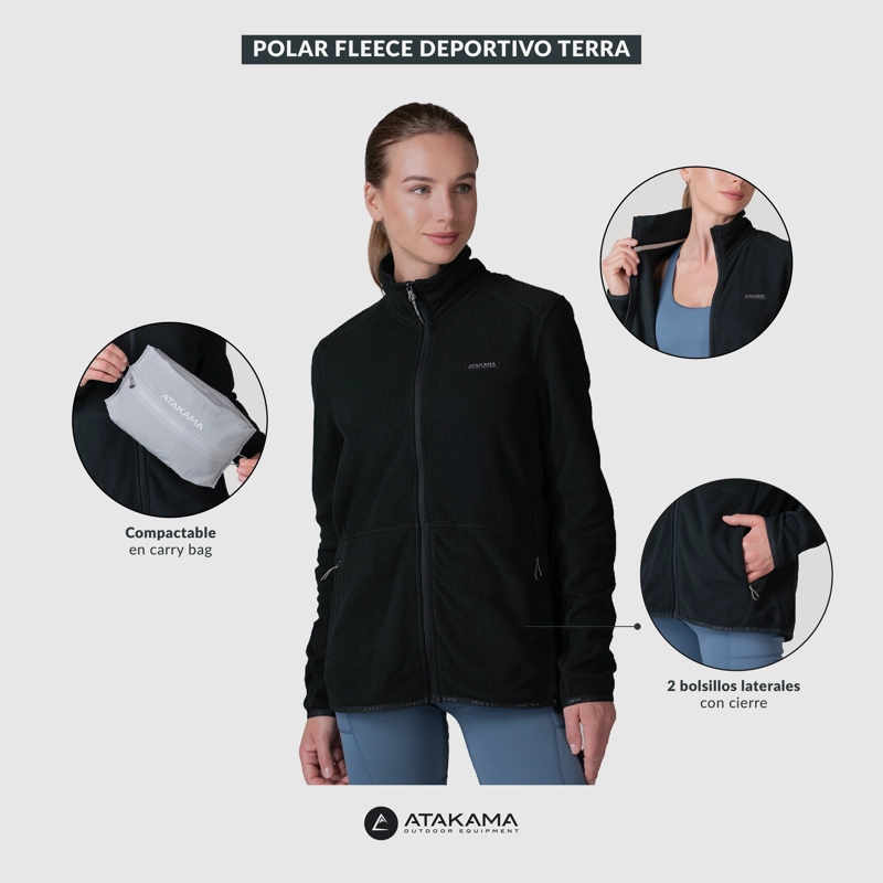 POLAR FLEECE DEPORTIVO MUJER TERRA FULL ZIP NEGRO ATAKAMA OUTDOOR - 8