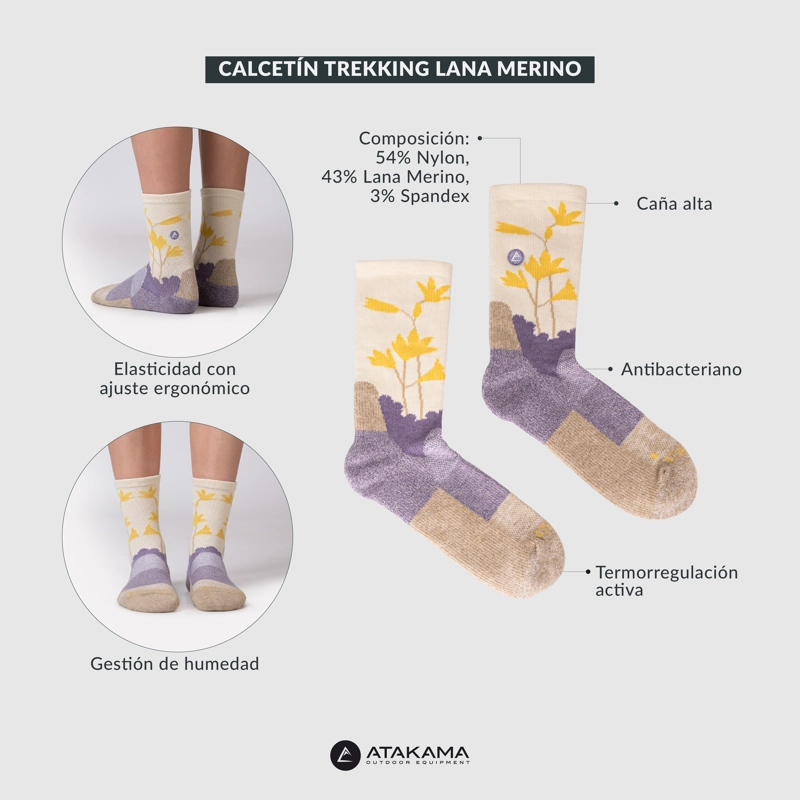 CALCETIN TREKKING DESIERTO FLORIDO LANA MERINO ATAKAMA OUTDOOR - 6