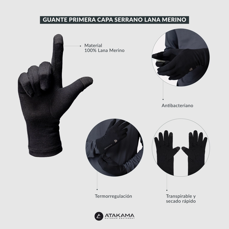 GUANTE PRIMERA CAPA LANA MERINO NEGRO ATAKAMA OUTDOOR - 5