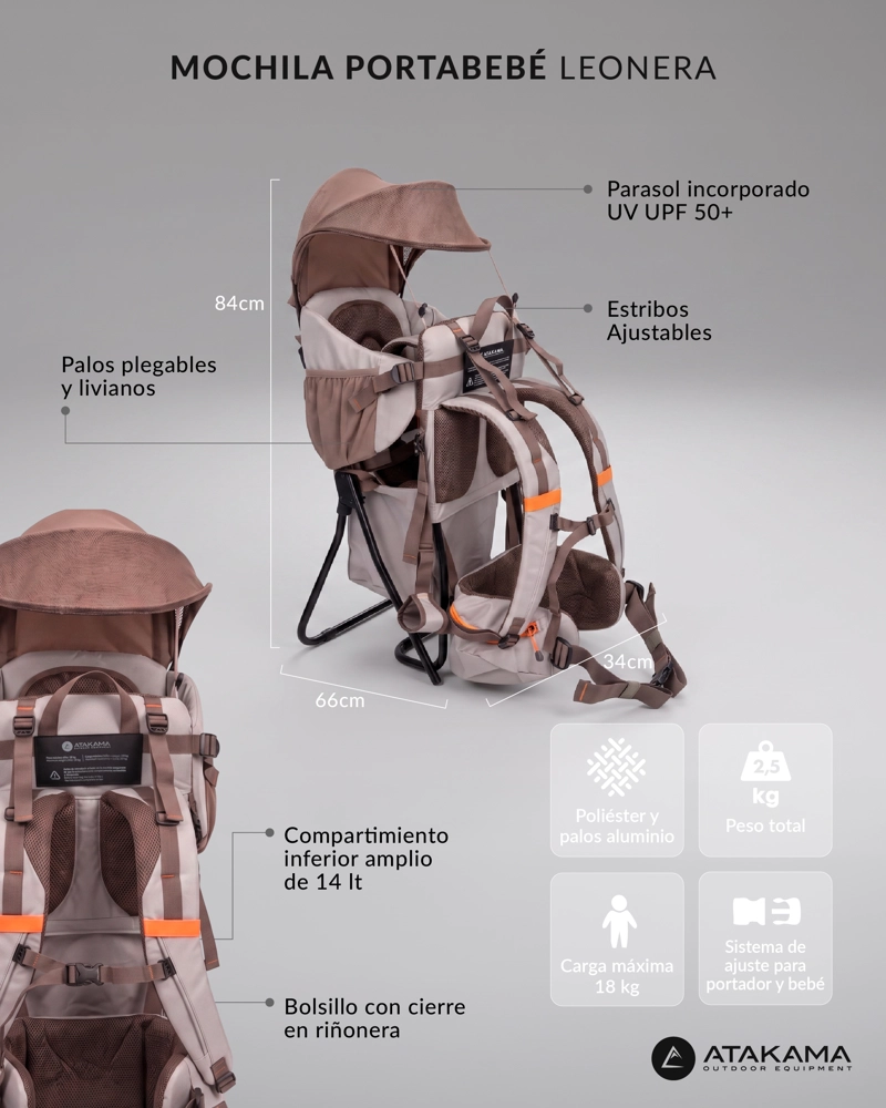 MOCHILA PORTABEBE LEONERA CAFE  BEIGE ATAKAMA OUTDOOR - 5