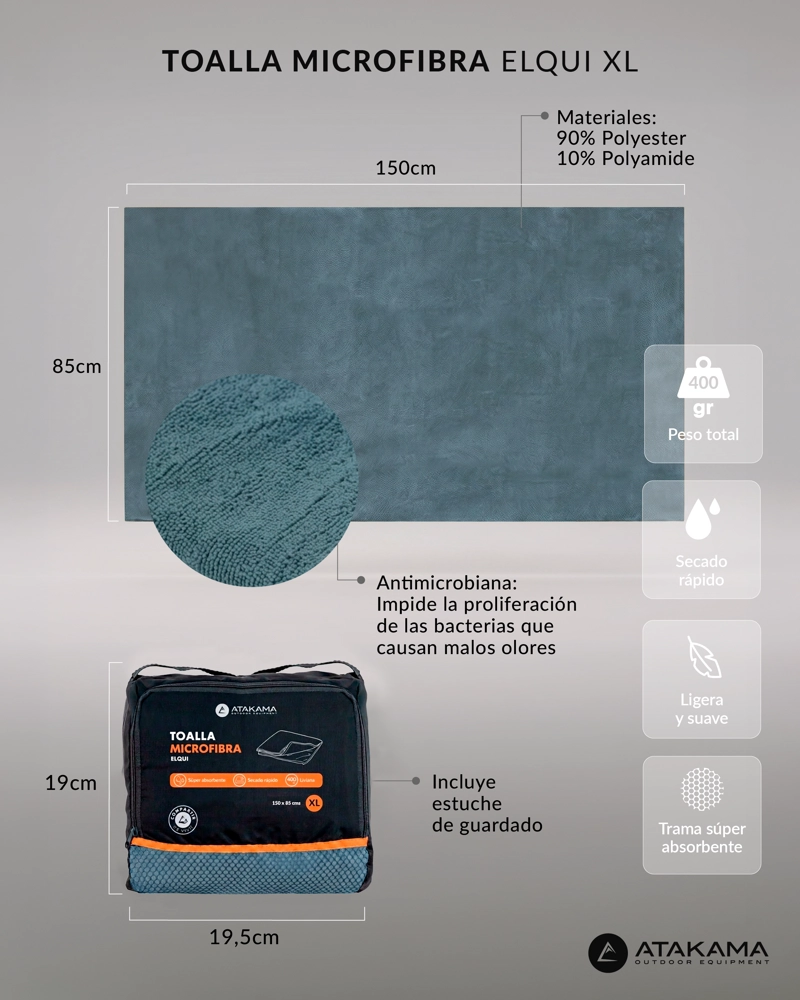 TOALLA MICROFIBRA ELQUI XL CELESTE ATAKAMA OUTDOOR - 4