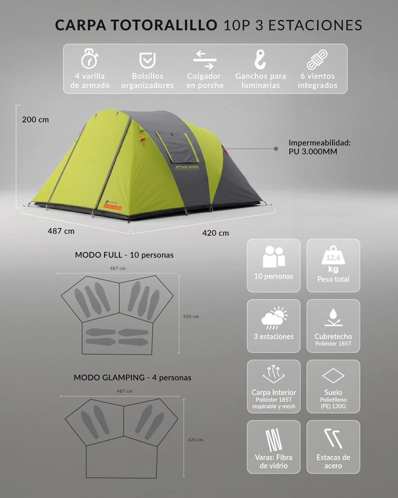 CARPA IMPERMEABLE 10 PERSONAS TOTORALILLO VERDE ATAKAMA OUTDOOR - 9