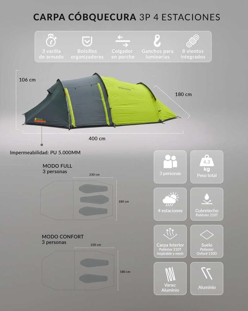 CARPA TÉCNICA IMPERMEABLE 3 PERSONAS COBQUECURA TUNEL ATAKAMA OUTDOOR - 6