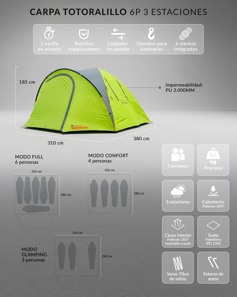 CARPA IMPERMEABLE 6 PERSONAS TOTORALILLO VERDE ATAKAMA OUTDOOR - 7