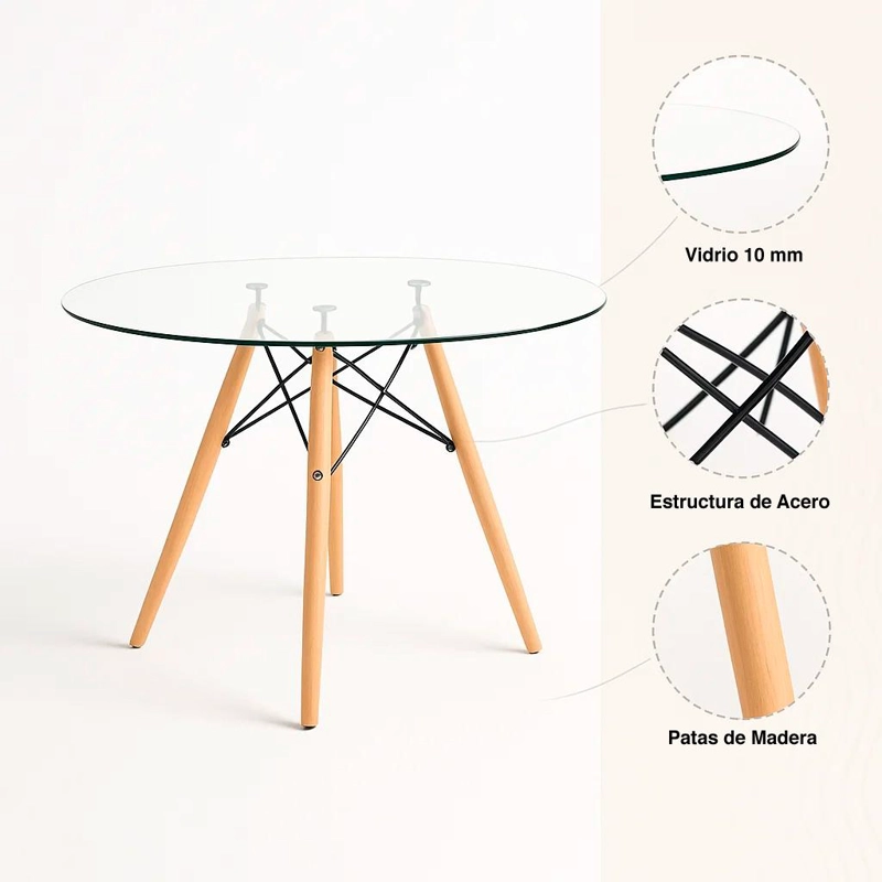 MESA COMEDOR KLIK MUEBLES EAMES 100CM REDONDA VIDRIO - 5