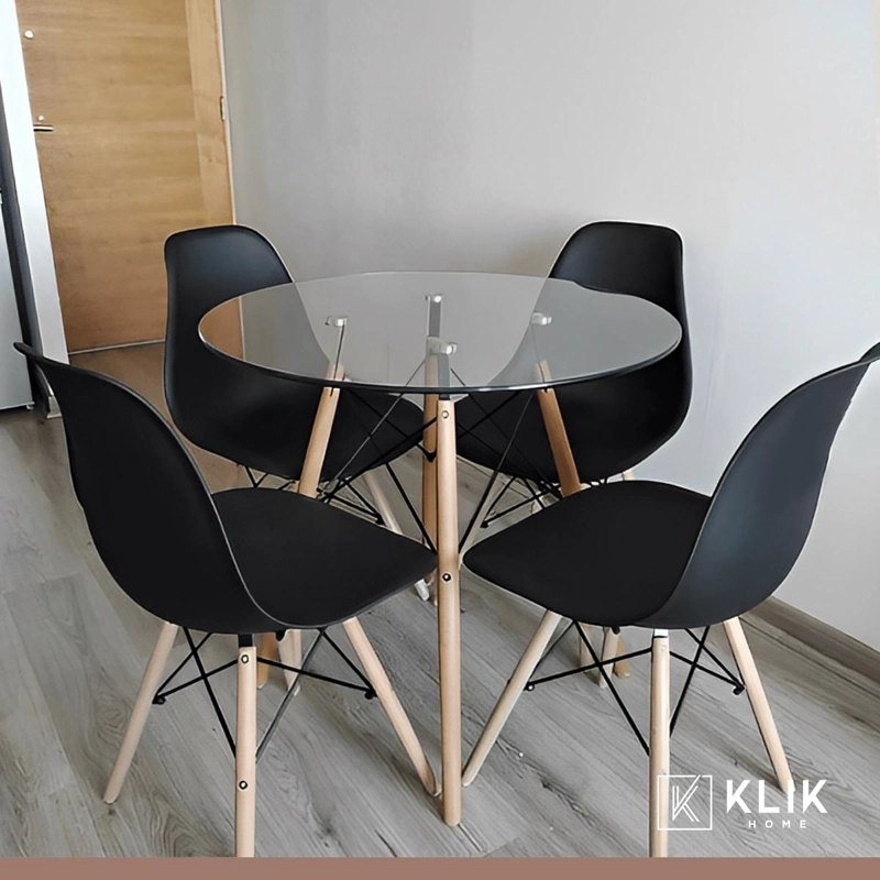 COMEDOR MESA EAMES VIDRIO 80CM + 4 SILLAS EAMES NEGRAS - 8