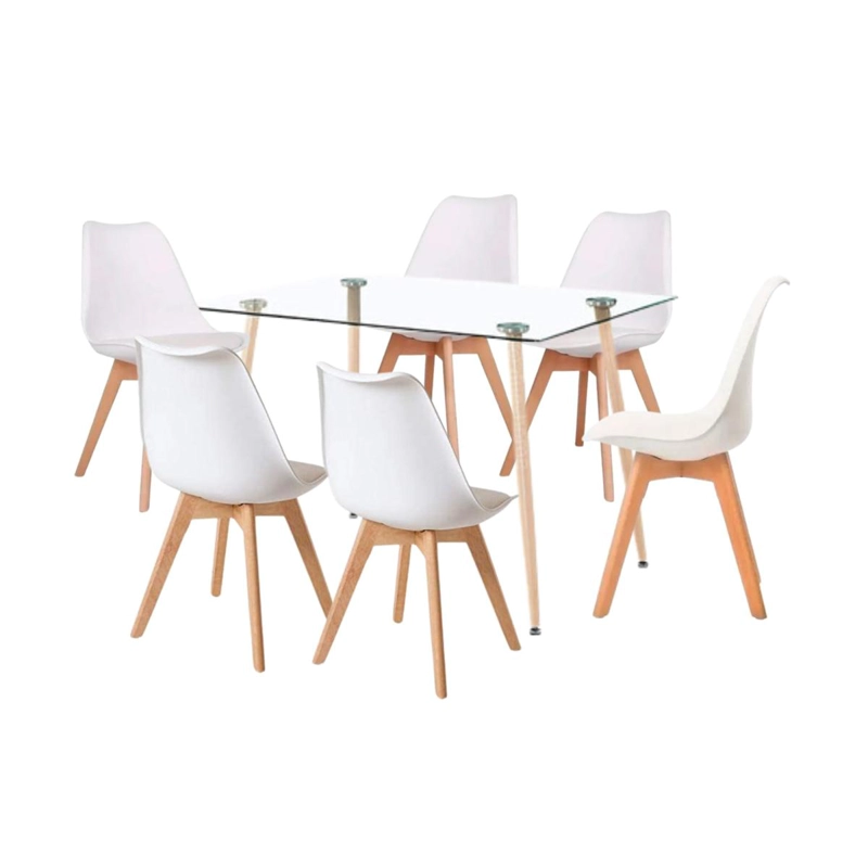 COMEDOR MESA DE VIDRIO RECTANGULAR 120X80 + 6 SILLAS TULIP BLANCAS - 1