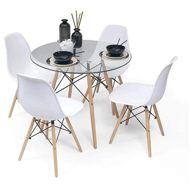 COMEDOR MESA EAMES VIDRIO 80CM + 4 SILLAS EAMES BLANCAS - 1