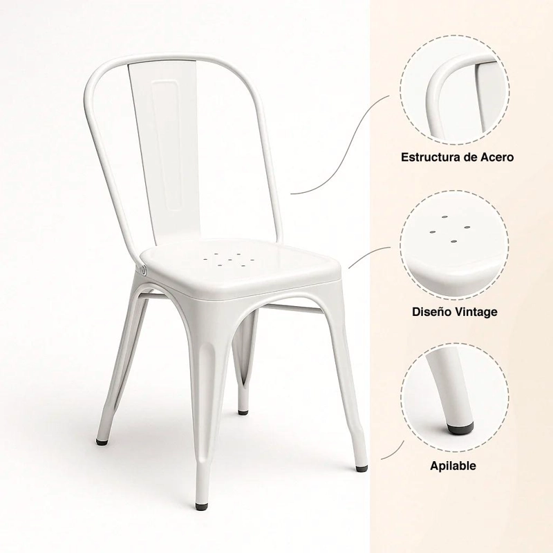 SILLA KLIK MUEBLES TOLIX 1 CUERPO ACERO BLANCA COMEDOR O TERRAZA EXTERIOR - 5