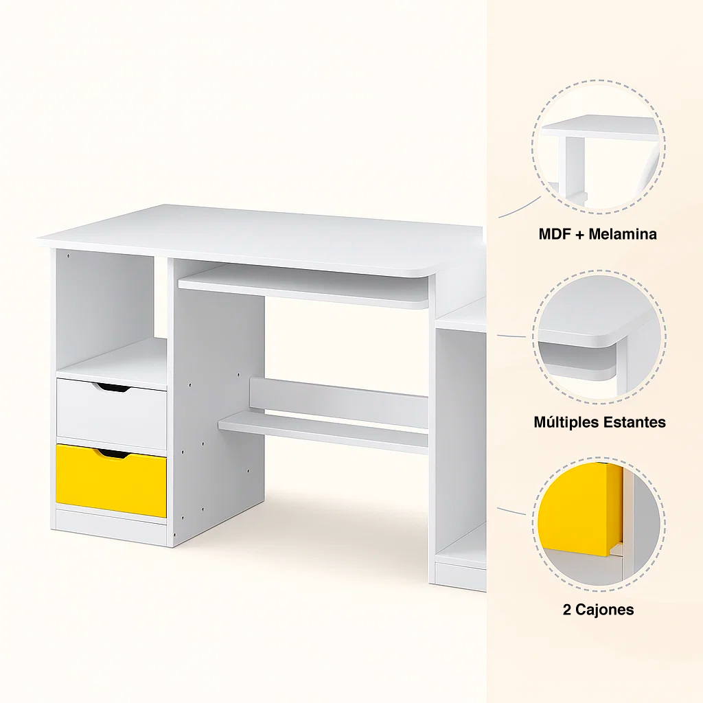 ESCRITORIO KLIK MUEBLES BUENOS AIRES CON CAJONES Y REPISAS BLANCO - 5