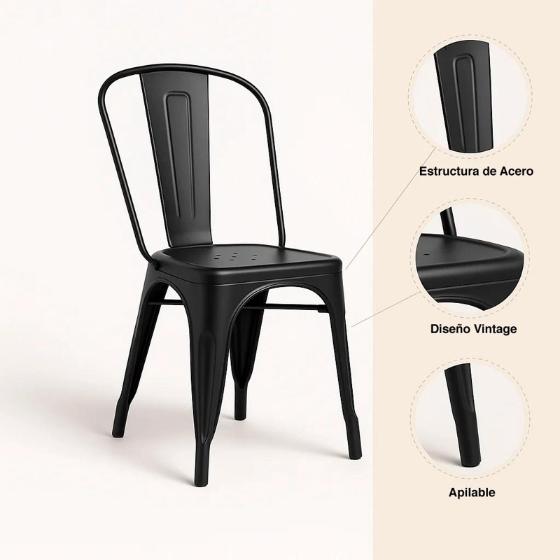 SILLA KLIK MUEBLES TOLIX 1 CUERPO ACERO NEGRA COMEDOR O TERRAZA EXTERIOR - 5