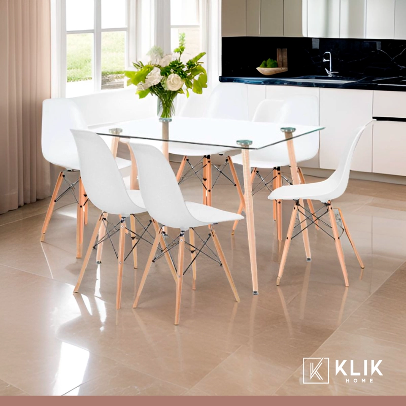 COMEDOR MESA DE VIDRIO RECTANGULAR 120X80 + 6 SILLAS EAMES BLANCAS - 2