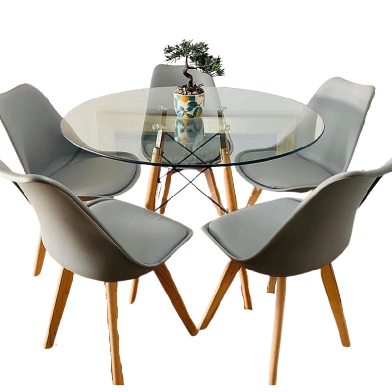 COMEDOR MESA EAMES VIDRIO 100 CM + 5 SILLAS TULIP GRISES - 1