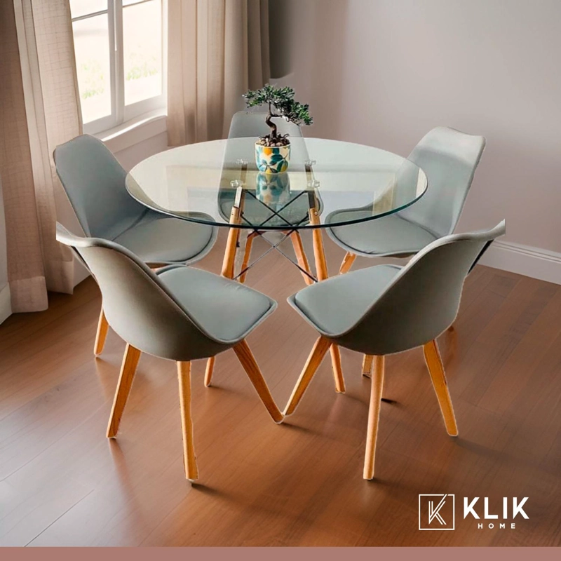 COMEDOR MESA EAMES VIDRIO 100 CM + 5 SILLAS TULIP GRISES - 2