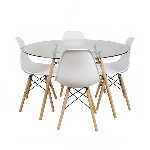 COMEDOR MESA EAMES VIDRIO 100CM + 4 SILLAS EAMES BLANCAS - 1