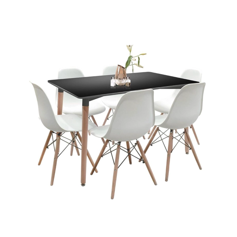COMEDOR MESA RECTANGULAR NEGRA + 6 SILLAS EAMES BLANCAS - 1
