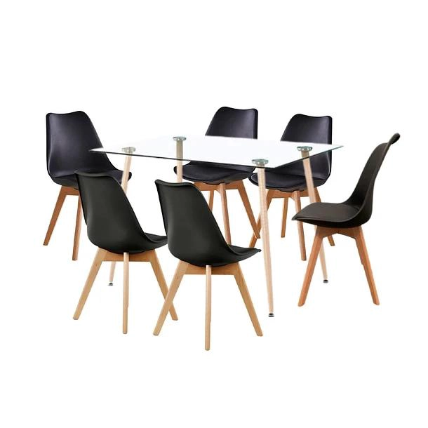 COMEDOR MESA DE VIDRIO RECTANGULAR 120X80 + 6 SILLAS TULIP NEGRAS - 1
