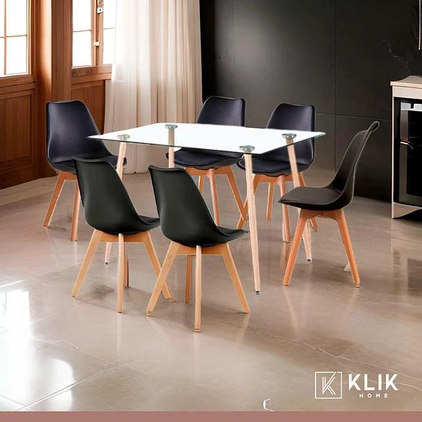 COMEDOR MESA DE VIDRIO RECTANGULAR 120X80 + 6 SILLAS TULIP NEGRAS - 2