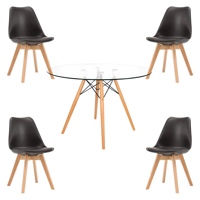COMEDOR MESA EAMES VIDRIO 100 CM + 4 SILLAS TULIP NEGRAS - 1