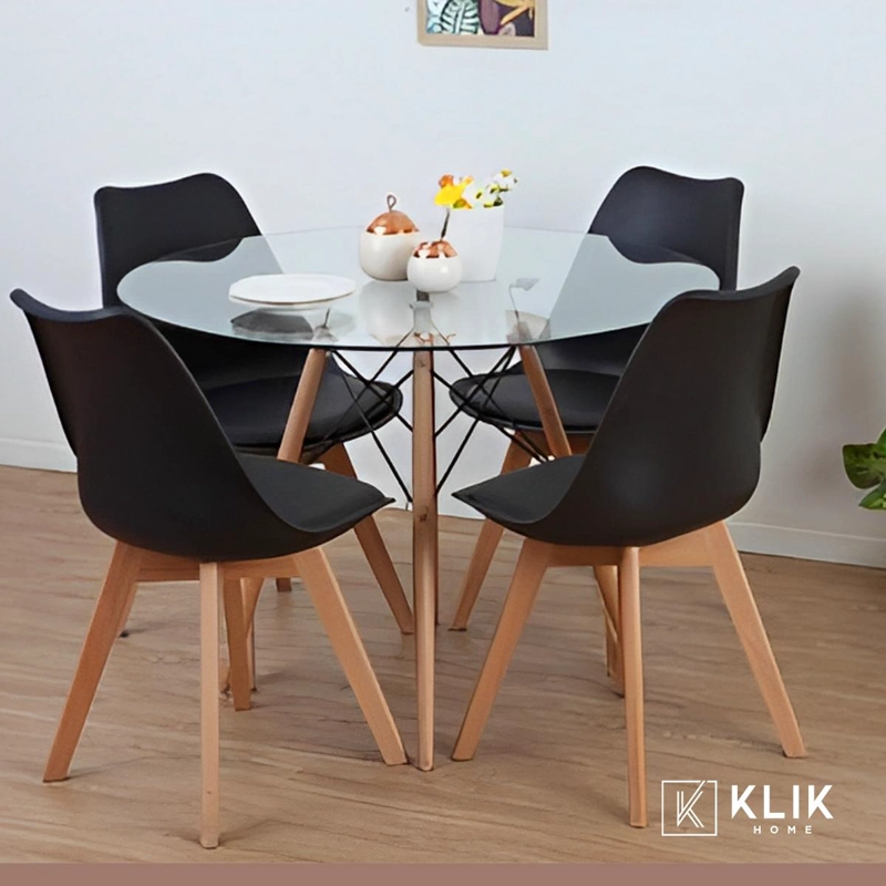 COMEDOR MESA EAMES VIDRIO 100 CM + 4 SILLAS TULIP NEGRAS - 2