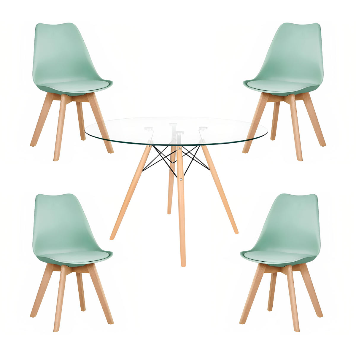 COMEDOR MESA EAMES VIDRIO 100 CM + 4 SILLAS TULIP MENTA - 1