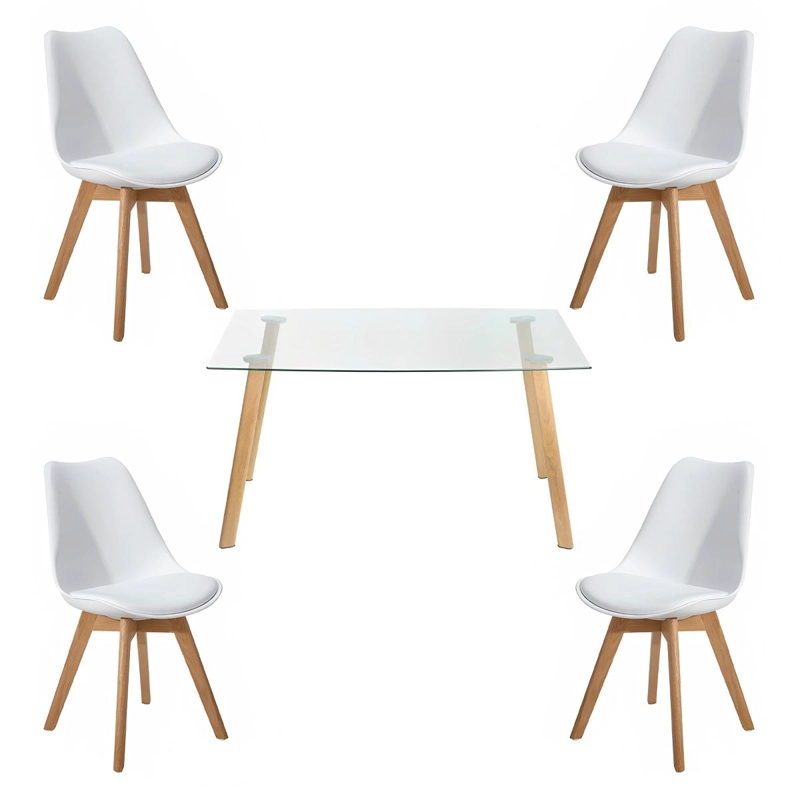 COMEDOR MESA DE VIDRIO NORDICA 140X90 CM + 4 SILLAS TULIP BLANCAS - 1
