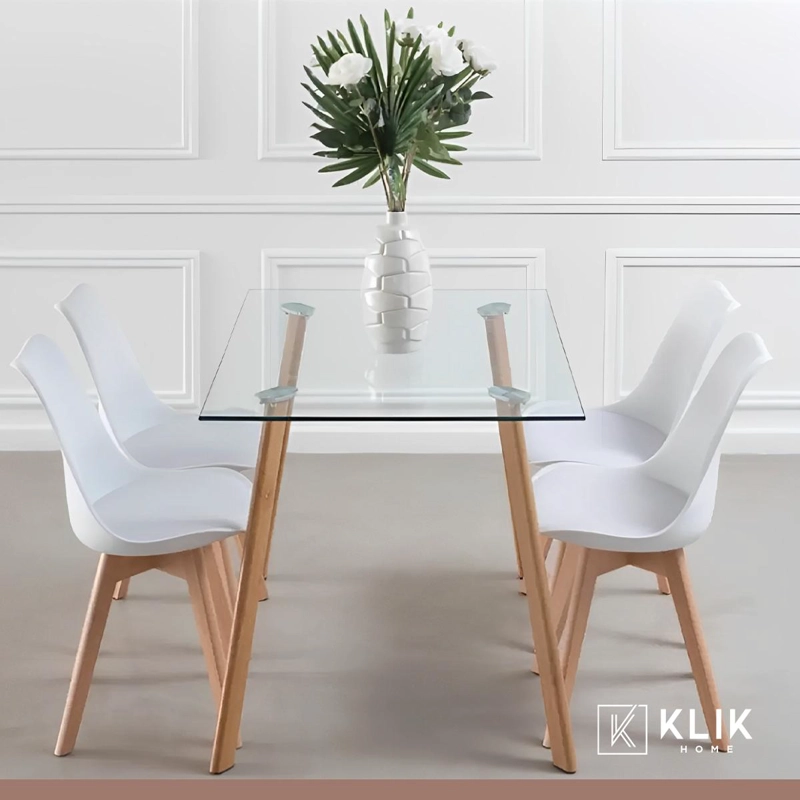 COMEDOR MESA DE VIDRIO NORDICA 140X90 CM + 4 SILLAS TULIP BLANCAS - 8