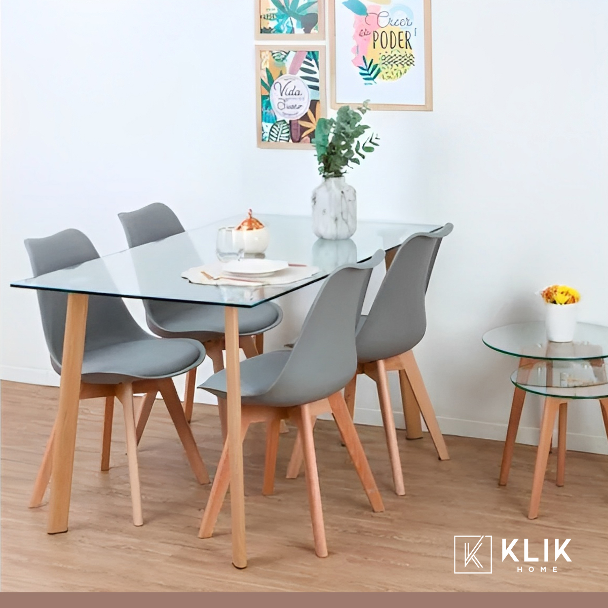 COMEDOR MESA DE VIDRIO NÓRDICA 140X90 CM + 4 SILLAS TULIP GRISES - 2