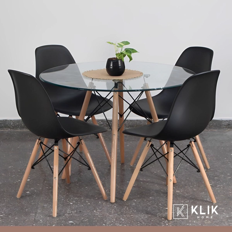 COMEDOR MESA EAMES VIDRIO 100CM + 4 SILLAS EAMES NEGRAS - 2