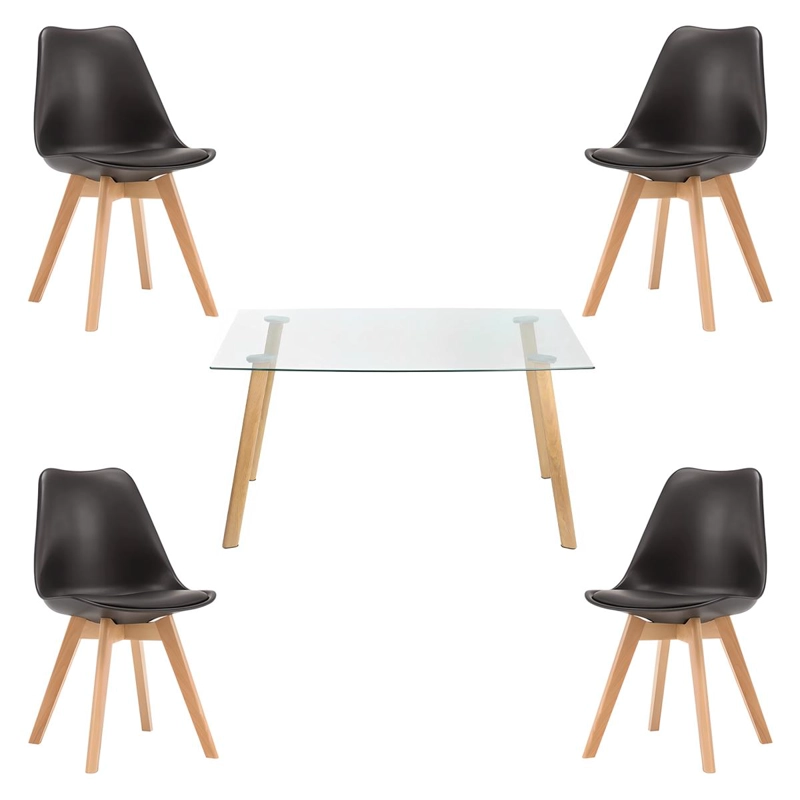 COMEDOR MESA DE VIDRIO NORDICA 140X90 CM + 4 SILLAS TULIP NEGRAS - 1