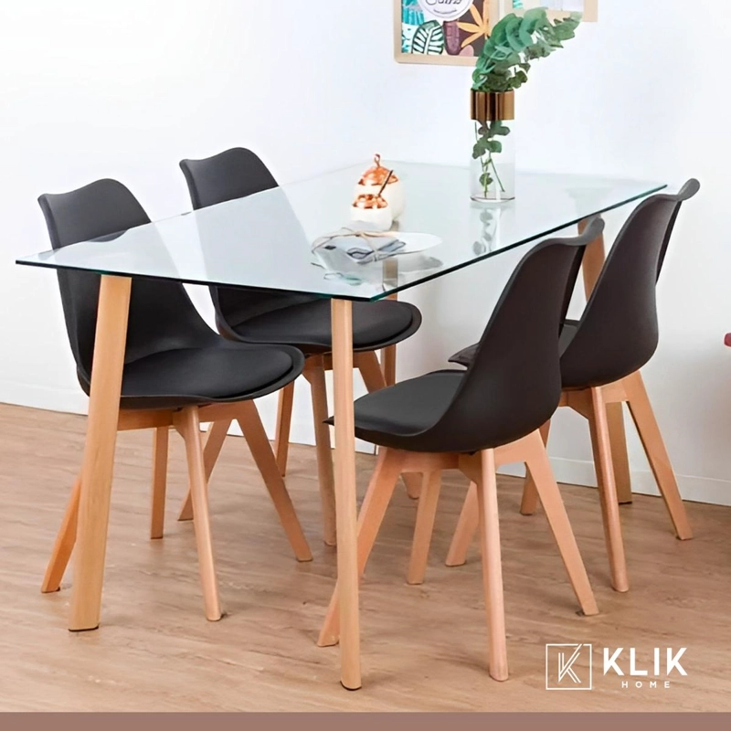 COMEDOR MESA DE VIDRIO NORDICA 140X90 CM + 4 SILLAS TULIP NEGRAS - 2
