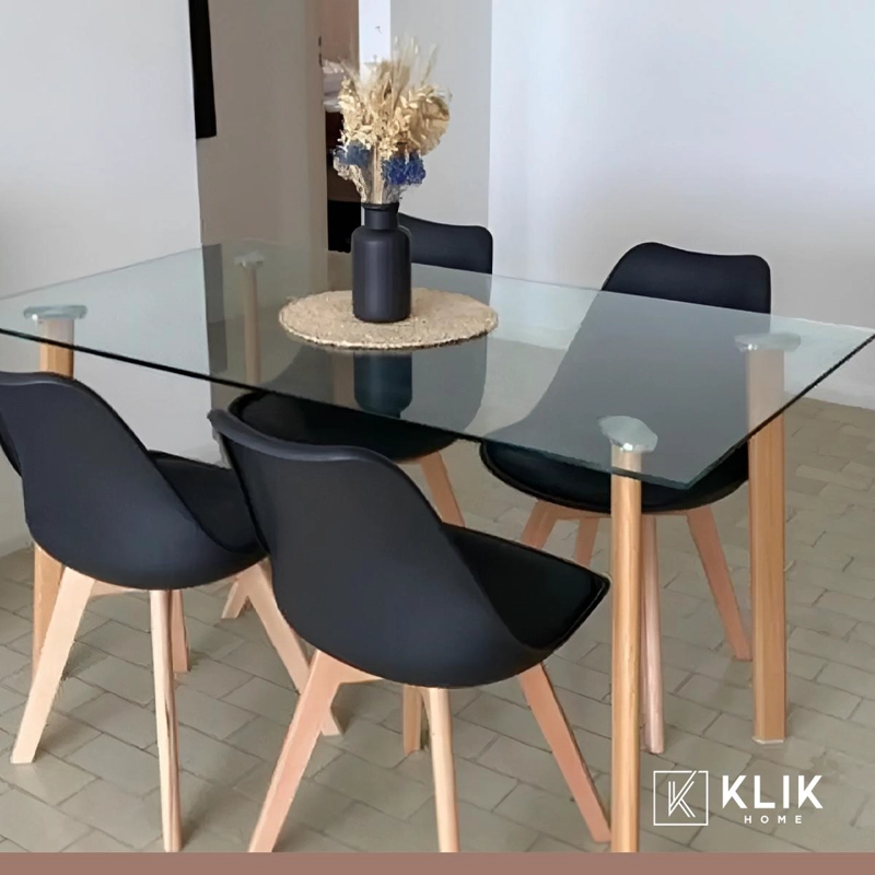COMEDOR MESA DE VIDRIO NORDICA 140X90 CM + 4 SILLAS TULIP NEGRAS - 8