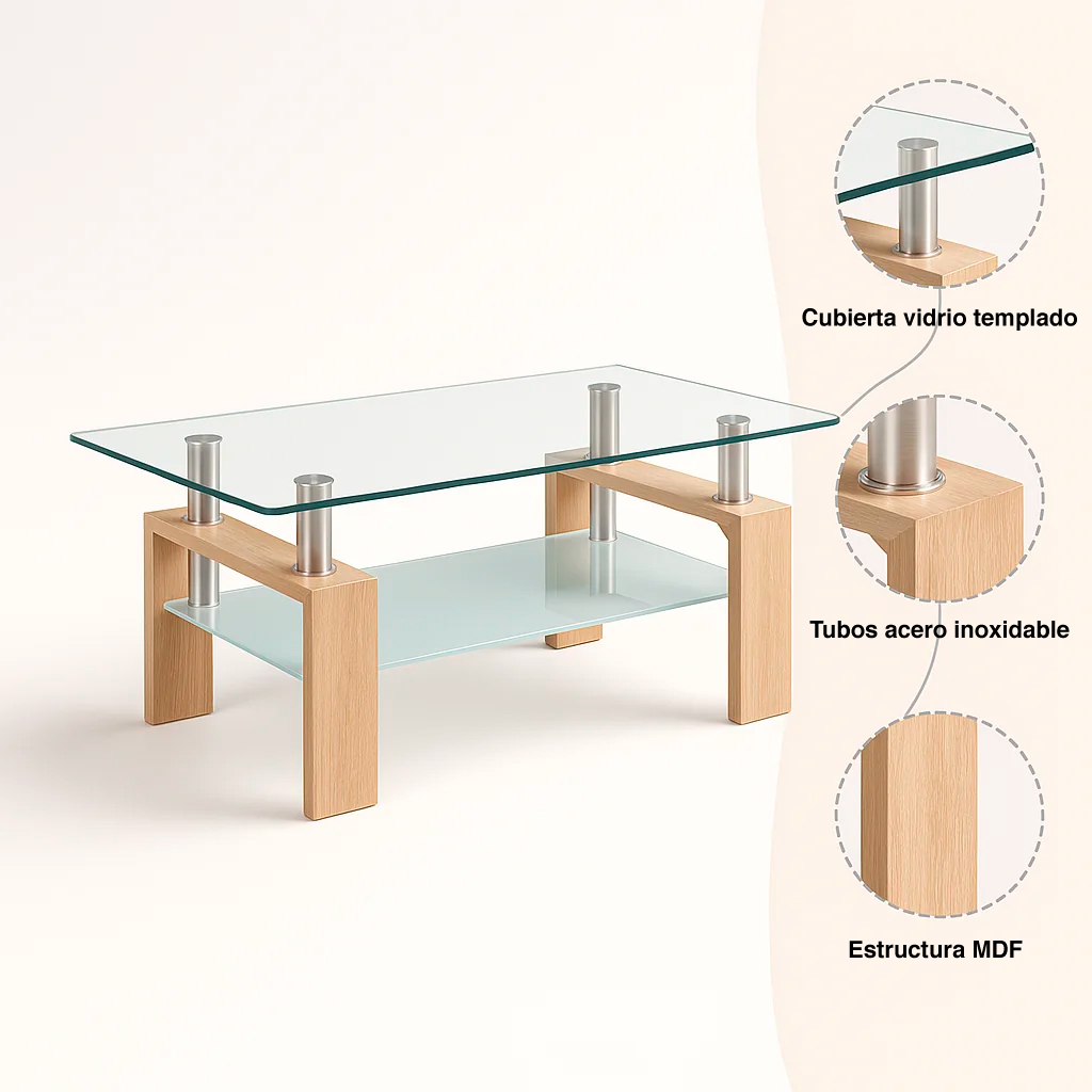 MESA CENTRO KLIK MUEBLES RECTANGULAR LIVING VIDRIO Y MADERA - 5