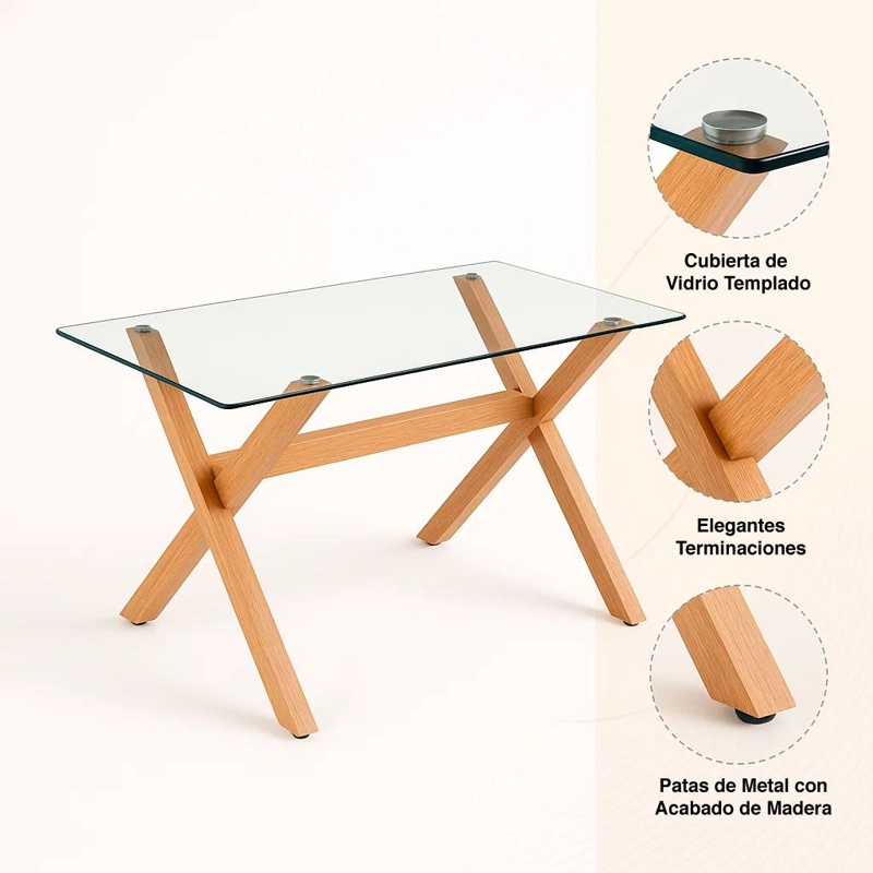 MESA COMEDOR KLIK MUEBLES NORDIC CROSS RECTANGULAR VIDRIO 140X90CM METAL - 5