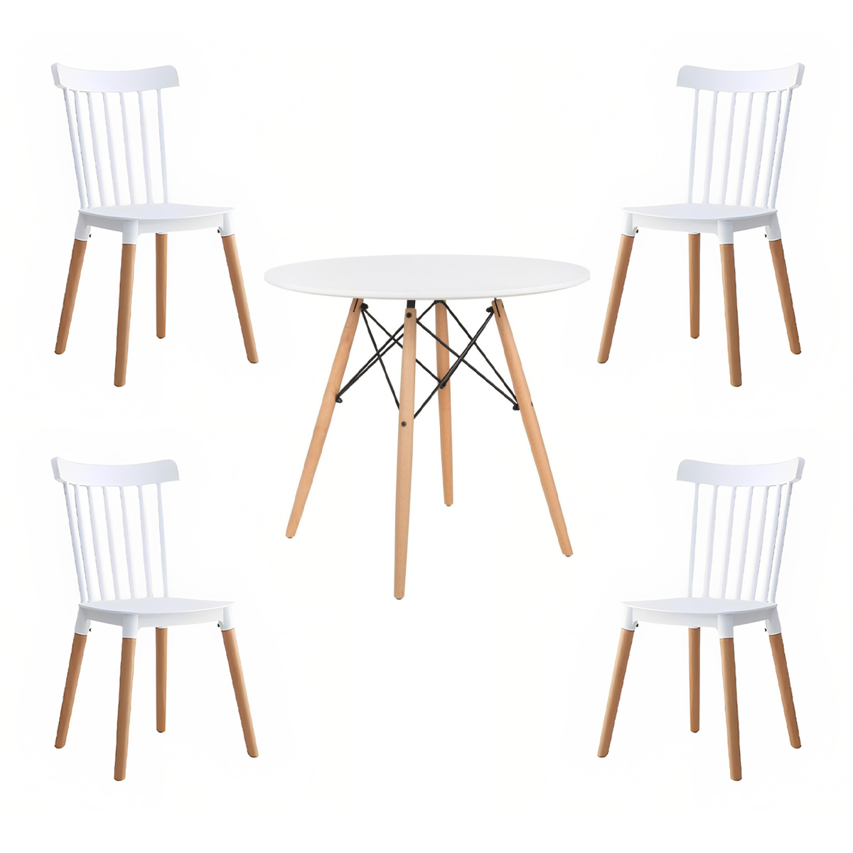 COMEDOR MESA REDONDA BLANCA 80CM + 4 SILLAS WINDSOR BLANCA - 1