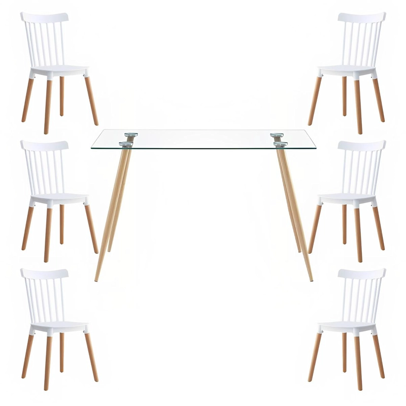 COMEDOR MESA RECTANGULAR VIDRIO 120X80 + 6 SILLAS WINDSOR BLANCA - 1