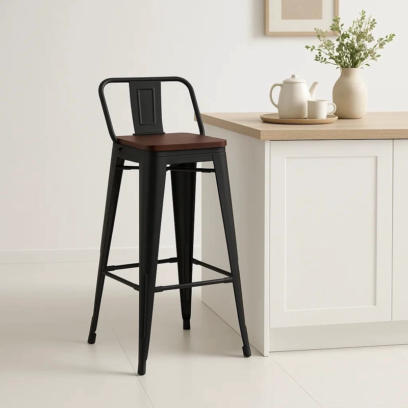 TABURETE KLIK MUEBLES TOLIX 1 CUERPO ALTO CON RESPALDO BAR O TERRAZA ASIENTO MADERA WALNUT - 2