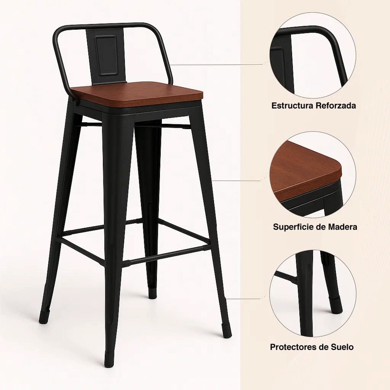 TABURETE KLIK MUEBLES TOLIX 1 CUERPO ALTO CON RESPALDO BAR O TERRAZA ASIENTO MADERA WALNUT - 5