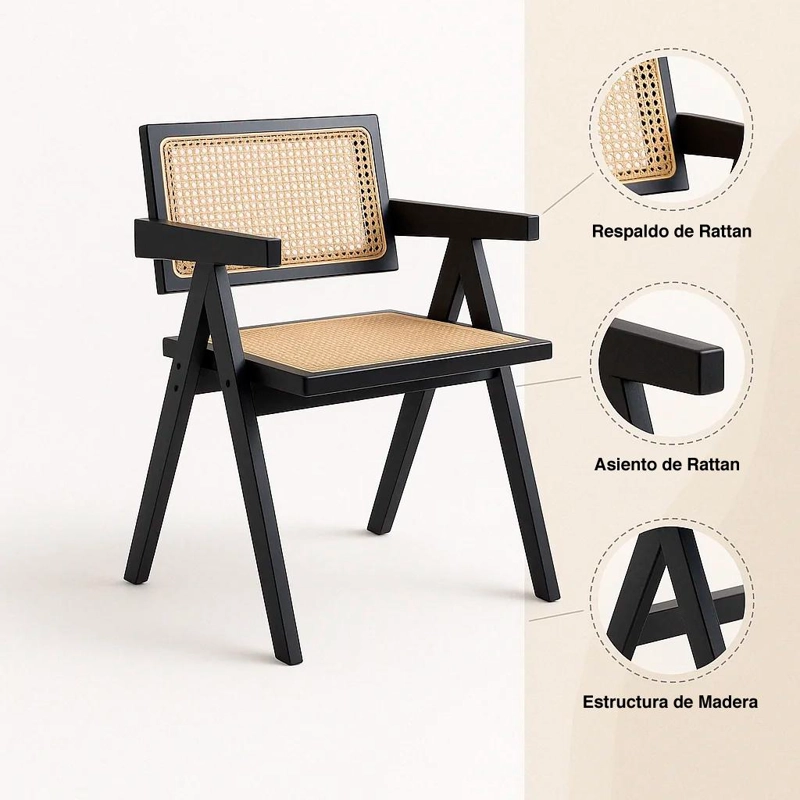 SILLA SITIAL KLIK MUEBLES CHANDIGARH 1 CUERPO MADERA RATTAN NEGRA BUTACA - 9