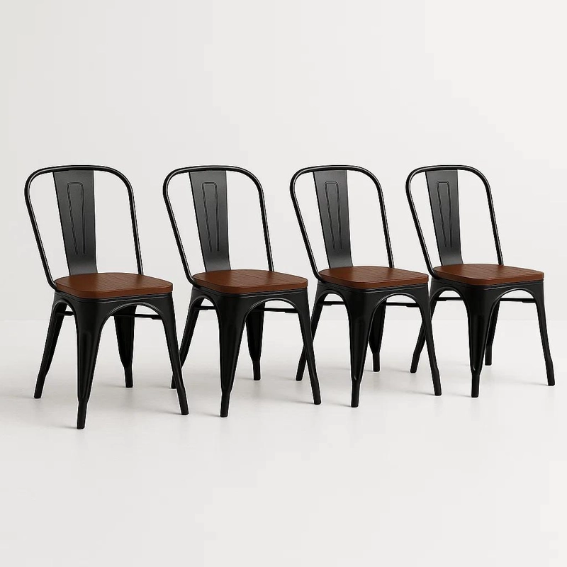 PACK DE 4 SILLAS TOLIX CON ASIENTO DE MADERA OSCURA WALNUT - NEGRAS - 1