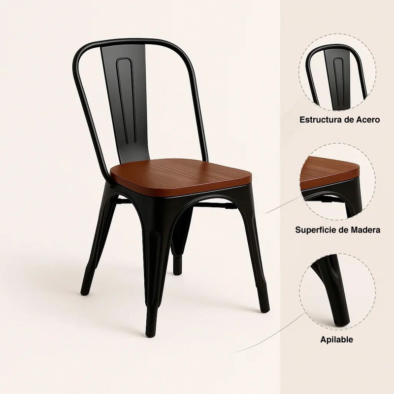 PACK DE 4 SILLAS TOLIX CON ASIENTO DE MADERA OSCURA WALNUT - NEGRAS - 5