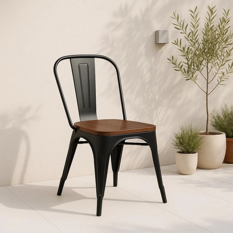 SILLA TOLIX DE COMEDOR O TERRAZA EXTERIOR CON ASIENTO DE MADERA OSCURA WALNUT - NEGRA - 2